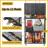 SOYEEZE Large Size Fishing Rod Holders for Garage, 3-Tier Fishing Pole Rack with Pegboard and Hooks, Fishing Gear Tackle Box Organizer Up to 12 Rods, Rolling Fishing Storage Cart with Lockable Wheels