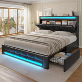 ADORNEVE Full Size Bed Frame with Storage Headboard & 4 Drawers, LED Bed Frame Full with Charging Station, Leather Upholstered Platform Bed Frame with Button Tufted, No Box Spring Needed, Black PU