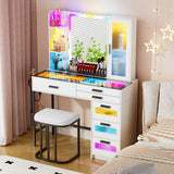 MDGC Makeup Vanity Desk with Mirror and RGB Lights,Glass Top Vanity Table with Wireless Charging & Stool,Vanity Set with 6 Drawers & Storage Cabinet & Makeup Organizer，Bedroom（White）