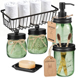 SheeChung Green Bathroom Accessories Set, 6Pcs Mason Jar Glass Bathroom Set, Lotion Soap Dispenser, Toothbrush Holder, Qtip Holder, Soap Dish, Metal Wire Basket, Rustic Farmhouse Bathroom Decor-Black
