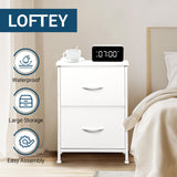 LOFTEY White Nightstand, Bedside Table with 2 Fabric Drawers, Small Kids Night Stand for Bedroom, Bed Side Table with Storage, 15.7" L x 11.8" W x 21" H