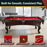 Hathaway Augusta 8 Foot Pool Table with Complete Accessories – Classic Full Size Billiard Table for Home Use – Classic Ball and Claw Legs, Inlaid Sights, K-66 Cushions – Mahogany Finish with Red Felt