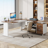 Tribesigns 63 Inch Executive Desk with File Cabinet, L Shaped Office Desk with Drawers and Storage Shelves