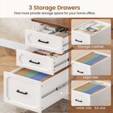 SEDETA Farmhouse L Shaped Desk with Drawers, 70.9" Home Office Desk with Storage Cabinet and Storage Shelves, L Shaped Computer Desk with Power Outlet，White+Brown