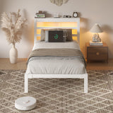 HAY.com Twin Size Bed Frame with LED Light & Charging Station, Metal Platform Bed with Storage Headboard & Under-Bed Storage, Heavy Duty Slats Support, No Box Spring Needed, Noise-Free, White