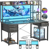 Desk with LED and Outlets, Gaming Desks with Hutch, 55.2'' Computer Desk with Drawers, Reversible Office Desk
