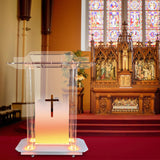 Church Pulpit with Hollow Cross Design,Led Acrylic Church Podium with Wheels&