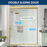 Double Sliding Shower Door 61-66" W x 72" H with Nano Anti-Explosion Safety Film, 1/4" (6mm) Tempered Glass Semi-Frameless Bypass Bathroom Shower Glass Doors,Brushed Gold
