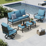 MFSTUDIO 5 Piece Metal Patio Furniture Set with Denim Blue Cushions