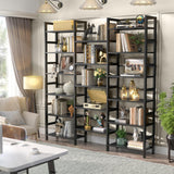 Bamboo Bookshelf, 71” Tall Triple Wide Bookcase with 17 Open Storage Shelves, 6-Tier Etagere with Back Rails, Large Display Shelf for Books