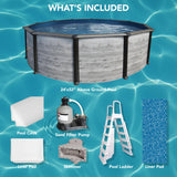 Puri Tech 24' x 52" Sunset Bay Above Ground Swimming Pool Package with Full-Print Overlap Liner, Liner Pad, Pool Cove, Skimmer, Filtration System and A-Frame Ladder for Complete Backyard Pool Setup