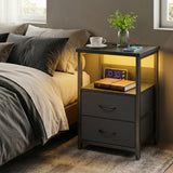 Fixwal Night Stand with Charging Station, LED Nightstand with U-S-B Ports and Outlets for Small Spaces, 2 Fabric Storage Drawers, Bedside Table End Tables Bedroom, Modern Black