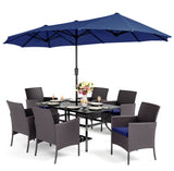 PHI VILLA 7pc Patio Dining Set w/Umbrella, Rectangular Table, Rattan Chairs