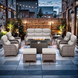 Luxury High Back Outdoor Furniture with 6-inch Extra Thick Cushions, Patio Furniture Set with Fire Pit Table & Swivel Chairs, 9 PCS Wicker Conversation Set for Yard, Deck, Poolside, Brown/Beige