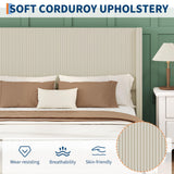 IDEALHOUSE King Size Bed Frame with Storage Drawers, Corduroy Upholstered Platform Bedframe with Wingback, Headboard and Footboard, No Box Spring Needed, Beige