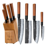 FAMCüTE Japanese Knife Block Set, Hand Forged 5-Layer 9CR18MOV Clad Steel Ultra Sharp Kitchen Knives with Wooden Storage & Rosewood Handle