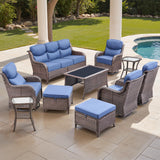 moosprr Luxury High Back Outdoor Furniture with 6-inch Extra Thick Cushions, Patio Furniture Set with Swivel Chairs, 10 PCS Wicker Conversation Set for Yard, Deck, Poolside, Brown/Blue