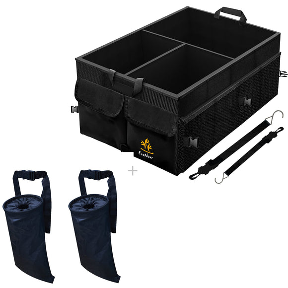 EcoNour Car Trash Bag (2 Pack) + Trunk Organizer for Car | Collapsible Caddy Trunk Organizers with Removable Dividers | Car Garbage Bag Hanging for Consoles & Headrests EcoNour