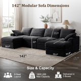 NABUMI 142" Modular Sectional Sofa with Storage, Oversized U-Shaped Boneless Couch with Ottoman, 27" Deep Seat Memory Foam Corduroy 6-Seater Cloud Couches for Living Room, Tool-Free Assembly, Black