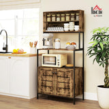 HOMCOM Kitchen Bakers Rack with Power Outlet, Coffee Bar Cabinet with Storage Shelves, Microwave Stand with Louvred Door Cabinets, Rustic Brown