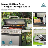 MFSTUDIO 6-Burner Propane Gas Grill, Stainless Steel BBQ Grill with Side Burner and Porcelain-Enameled Cast Iron Grates, High Output Gas BBQ Grills