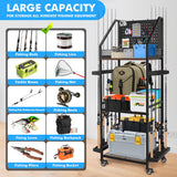 Greenecocs Fishing Pole Holders for Garage,3 Tiers Fishing Rod Rack,Holds up to 12 Rods,Fishing Organizer with Pegboard&Hooks&Lockable Wheels,Fishing Pole Storage for Reel Combos/Tackle/Fishing