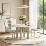 SSLine Faux Mars Stone Round Dining Table Set for 2 w/White Leather Chair