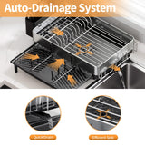 Urackify Dish Rack for Kitchen Counter, 304 Stainless Steel Dish Drying Rack, Expandable Dish Drainer, Foldable Dish Strainer with Cutlery Holder, Kitchen Plate Rack (Black, Large Size)