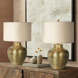 Franklin Iron Works Maison Loft Rustic Farmhouse Table Lamps 27" Tall Set of 2 Antique Brass Textured Hammered Metal Cream Linen Drum Shade for Bedroom Living Room Bedside Nightstand House Office