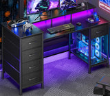 47 Inch Computer Desk with 5 Fabric Storage Drawers,Gaming Desk with Power Outlets & LED Lights