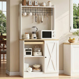 IRONCK Bakers Rack with Pull Out Shelf and Power Outlet, Microwave Stand with Adjustable Shelves & 5 Hooks, Barn Doors, Kitchen Pantry Coffee Bar Cabinet for Kitchen Dining Room, White
