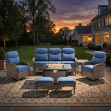 moosprr Luxury Patio Furniture Set with Fire Pit Table, Outdoor Furniture Set with High Back Swivel Chairs & 6-inch Thick Cushions, 7 PCS Fire Pit Patio Set for Yard, Deck, Poolside, Brown/Blue