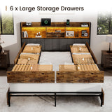 BRELTAM Queen Bed Frame with 6 Storage Drawers, Linen Upholstered Headboard, Built-in USB Charging Station & LED Lighting, Silent Metal Support, No Box Spring Needed, Vintage Brown
