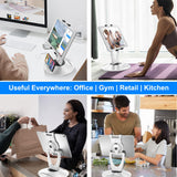 DeskLogics 360 Rotating Tablet Stand for POS Kiosk & Desk, Foldable iPad Holder with Phone Organizer Base, Swivel Counter Mount for Retail & Office, Fits iPad Pro 12.9, Air, Mini, All 4-13” Devices