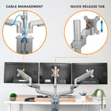 Mount-It! Triple Monitor Mount with Gas Spring Arms, Fits 24–32 Inch Screens, USB & Audio Ports, Full Motion Desk Stand with Tilt, Swivel & Rotation, Heavy Duty Silver 3 Screen Arm with Clamp