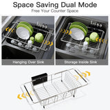 JASIWAY Dish Drying Rack in Sink, Expandable Stainless Steel Dish Drainers for Kitchen Counter, Dish Dryer Rack for Inside Sink, Over The Sink Dish Racks with Utensil Holder, Silver