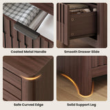 PIXOURA Fluted Nightstand with Charging Station, 21" Wide Modern Bedside Table with 2 Storage Drawers, Curved Corner & Metal Handle, Mid Century Night Stand End Side Table for Bedroom, Walnut