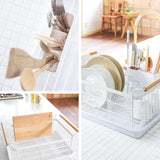 YAMAZAKI Home Dish Drying Rack – Modern White Dish Rack for Kitchen Counter with Removable Drainer Tray and Cutlery Holder, Steel + Wood Dish Drying Organizer, Small Space-Saving Design