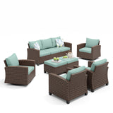 MIXPATIO Patio Furniture Set, 7 Pcs Wicker Rattan Outdoor Conversation Set, 2 x Leg Chairs, 2 x Swivel Chairs, 1 x 3 Seater Sofa and 2 x Ottoman with 4" Thick Cushion for Garden Backyard Deck, Blue