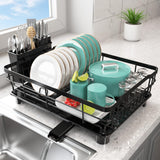 Dish Drying Rack - Space Saving Dish Rack - Dish Racks for Kitchen Counter with Drainboard,Rustproof Dish Drainer with Removable Utensil Holder, Black