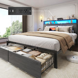 Lifezone Queen Bed Frame with 2-Tier Storage Headboard, Metal Bed Frame with Storage Drawers & Built-in Charging Station & LED, Noise-Free, No Box Spring Needed, Easy Assembly, Rustic Grey