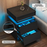 PIXOURA LED Nightstand Set of 2, Modern Night Stand with Charging Station, Sliding Top & 2 Slanted Drawers, Wood Bedside Table End Side Table for Bedroom, Living Room, Office, Black