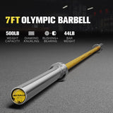 RitFit Elite 7ft Olympic Barbell, Robust 45lb Barbell for Weightlifting and Powerlifting, Superior Olympic Bar with Exceptional 500lbs Load Capacity, Weight Bar for 2” Standard Plates Sliver/Yellow