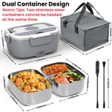 Sitlais Electric Lunch Box for Adults - 80W Fast Heating Portable Food Warmer with 2 of 1.5L 304 Stainless Steel Containers 12V/24V/110V Heated Lunch Box for Men Car Truck Office Travel Leak-Proof