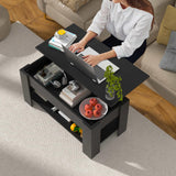 Haiput Wam Lift-Top Coffee Table with Storage Shelf & Secret Compartment | Classic Black Solid Wood Adjustable Height Table for Living Room, Compact Dining Area, Studio（39.4in Black）