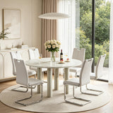 SSLine Faux Mars Stone Round Dining Table Set for 6 w/White Leather Chair
