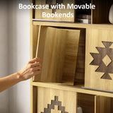 nesture. Bookcase & Bookshelf Set of 2 with Movable Bookends, 4-Tier Open Storage Shelves, Beveled Gliding Doors, Large Wooden Display Cabinet for Living Room, Home Office, Bedroom, Natural Oak