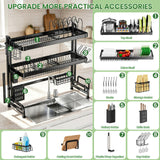 Over The Sink Dish Drying Rack, Adjustable 3 Tier Large Capacity Stainless Steel Drainer with Cutlery/Utensil/Cup Holder Hooks, Kitchen Storage & Organization, 25"-38" L x 11" W x 37.5" H, Black