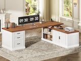 SEDETA Farmhouse L Shaped Desk with Drawers, 70.9" Home Office Desk with Storage Cabinet and Storage Shelves, L Shaped Computer Desk with Power Outlet，White+Brown