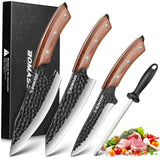 BOMASS Kitchen Knives, Hand Forged Japanese Knife Set 3Pcs, High Carbon Butcher Knife & Santoku Knife & Boning Knife & Honing Rod